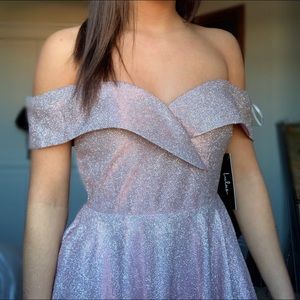 LULUS OFF THE SHOULDER SPARKLY HOMECOMING DRESS